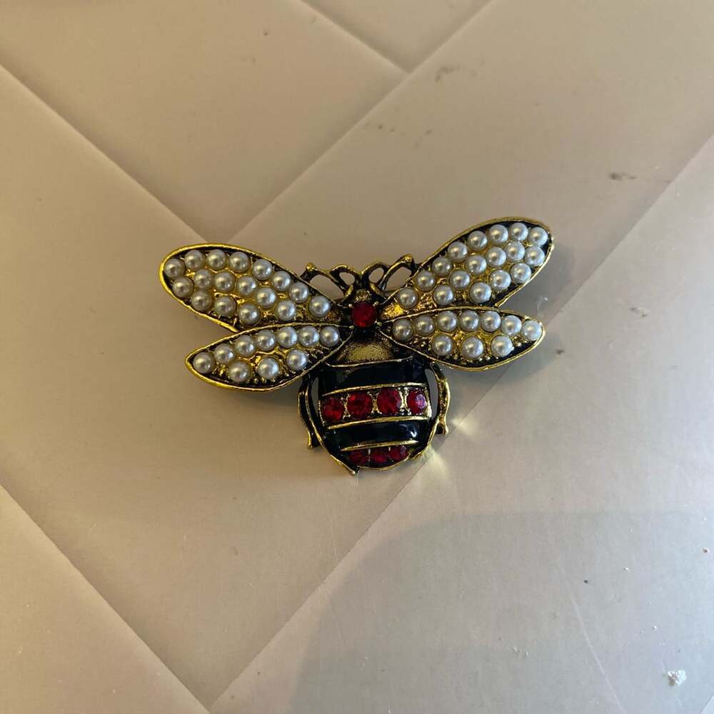 Vintage Style Bee Brooch Pearl Wings Red Crystal Gold Tone Insect Pin